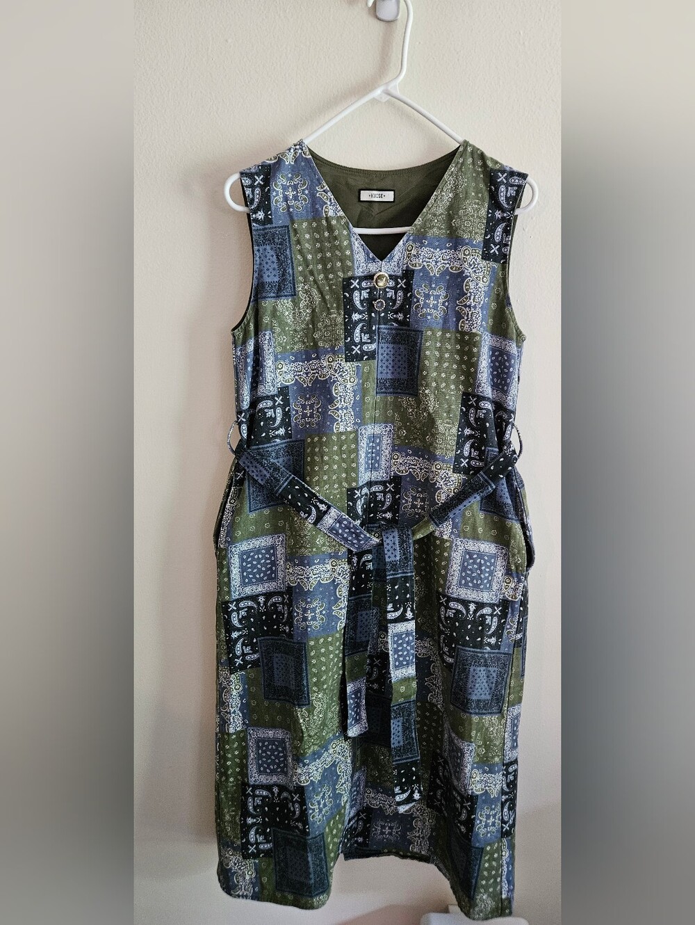 Kuose Olive, Navy and Black Patch V-Neck Dress, Y2K, Boho, Farmers Market